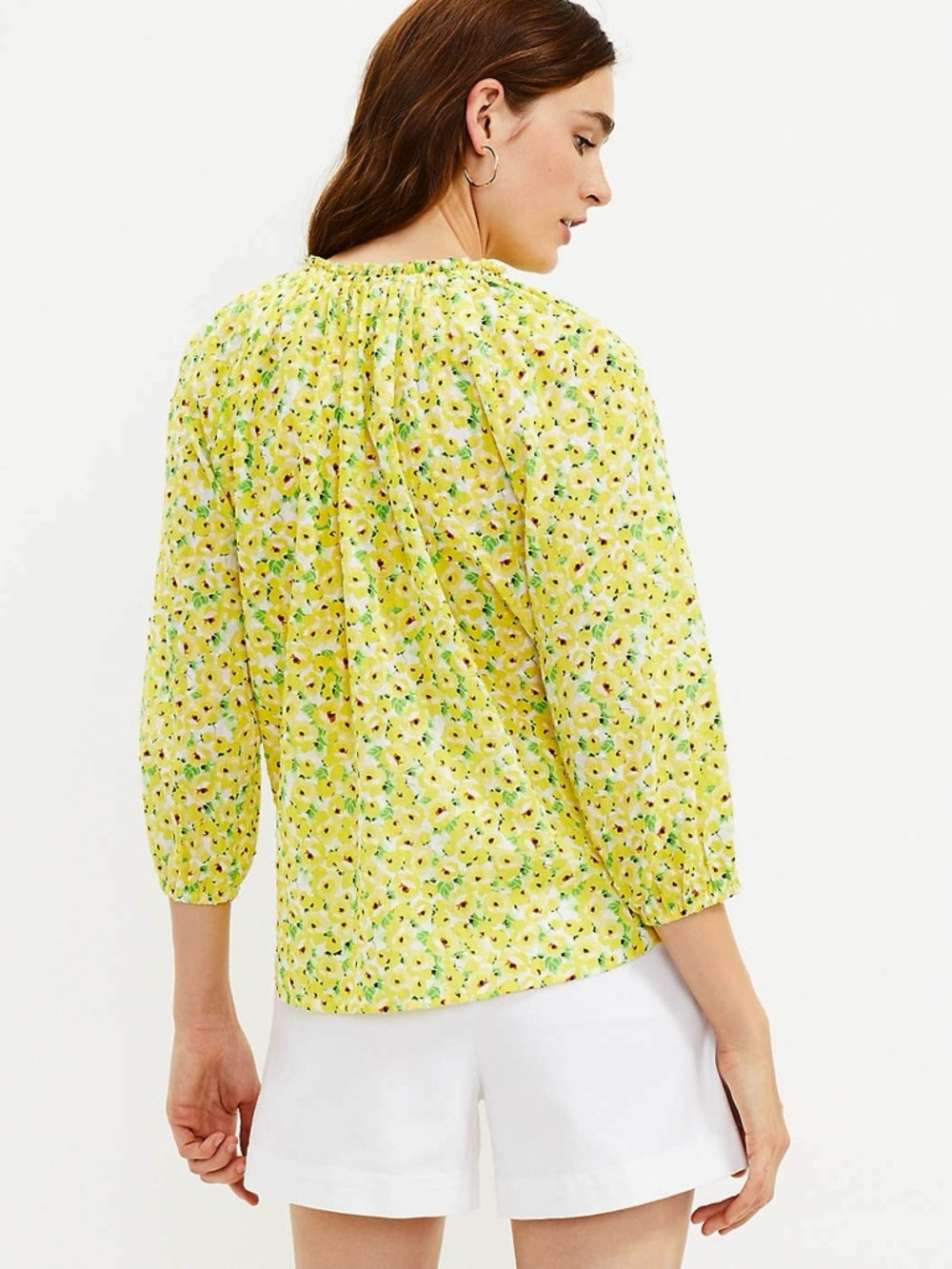Ann Taylor LOFT Floral Clip Tie Neck 100% Cotton Blouse Ruffle Neckline - Picture 3 of 10